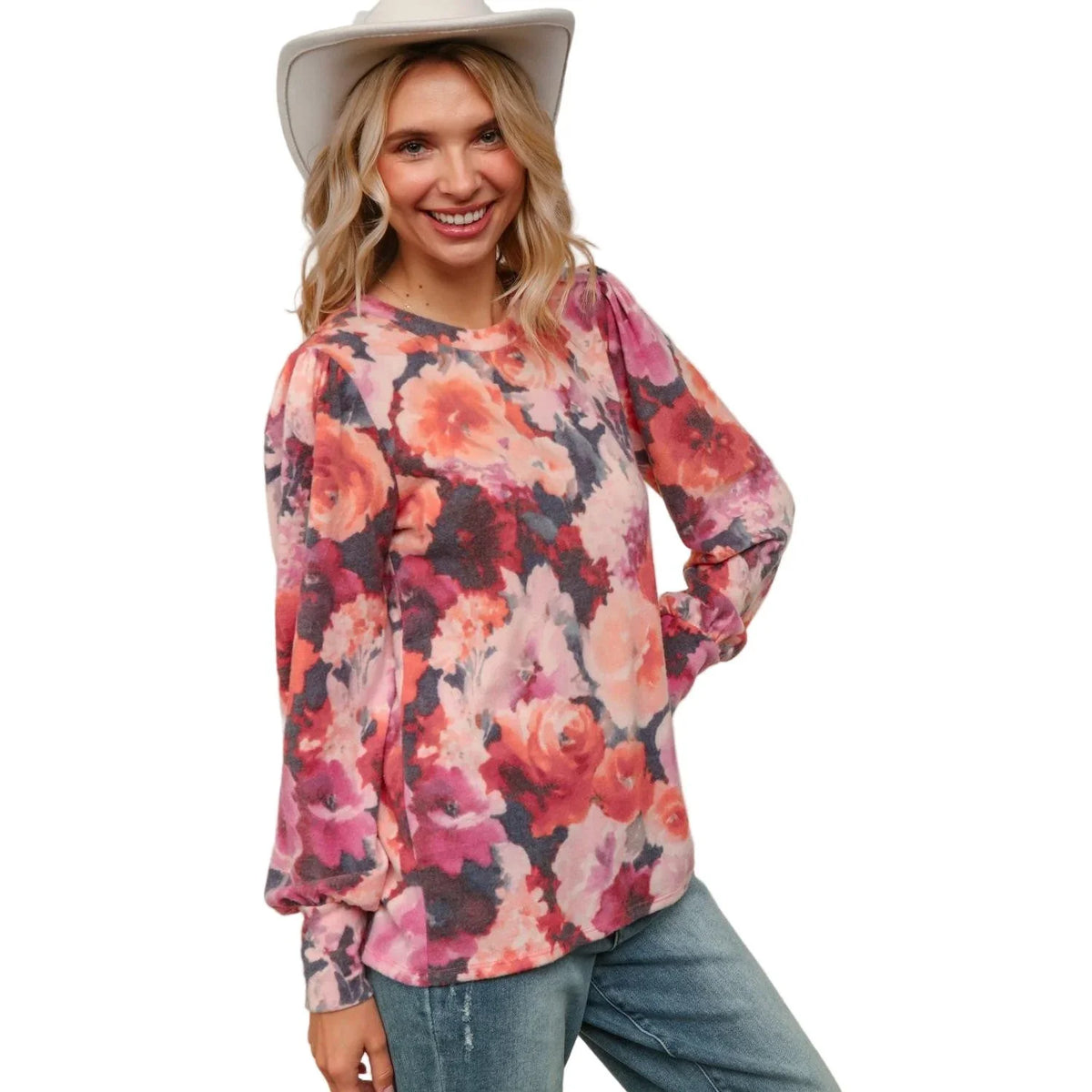 Women's Plus Round Neck Floral Brushed Hacci Knit Top HT4487DX