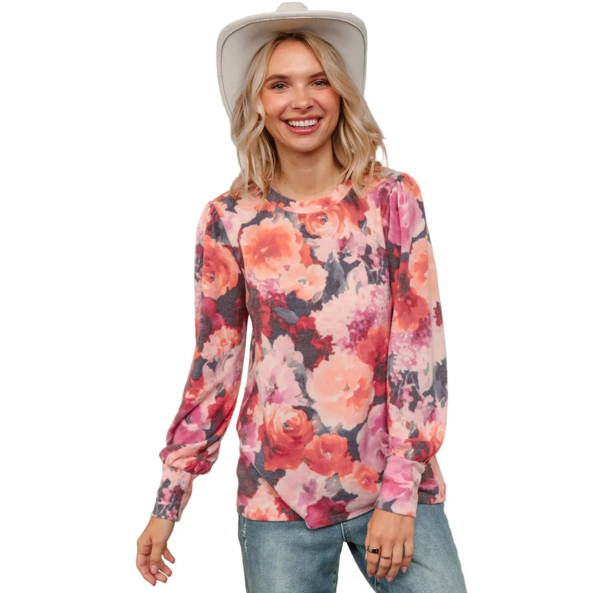 Women's Plus Round Neck Floral Brushed Hacci Knit Top HT4487DX