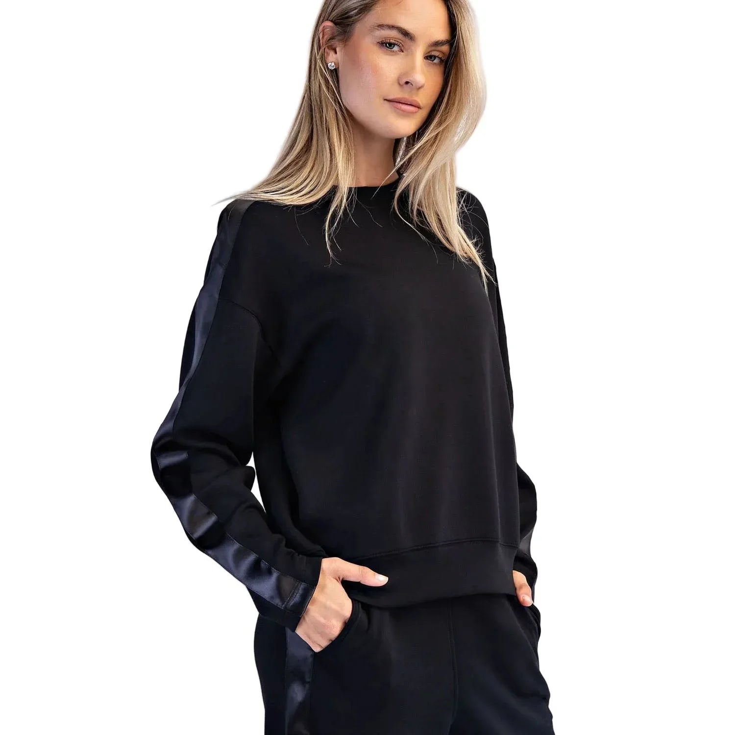 Women's Rae Mode Scuba Luxe Satin Crew Neck Pullover T0068