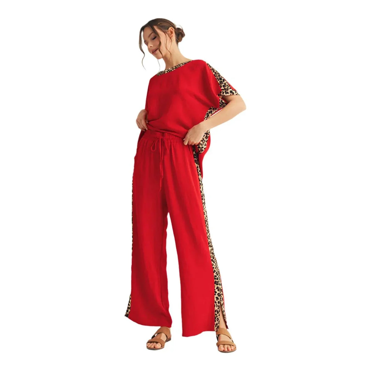 Women's Red And Cheetah Print Pants G14475-3-BOTTOM - Crazy House Western Wear