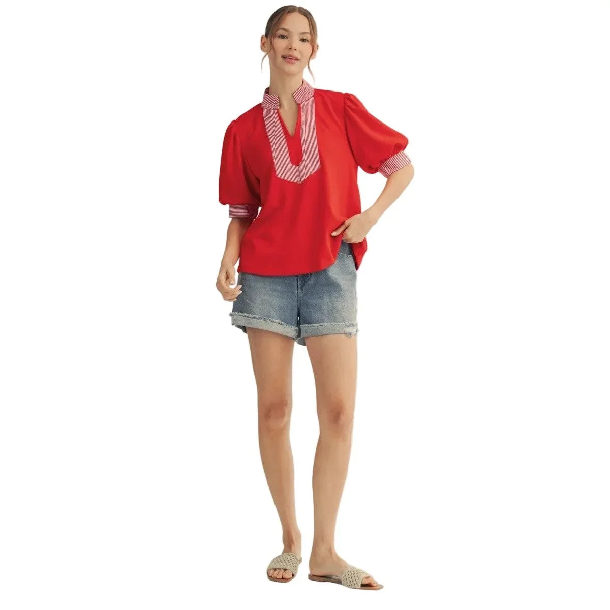 Women's Red Stripe Contrast Accent Solid Top B13435-RED