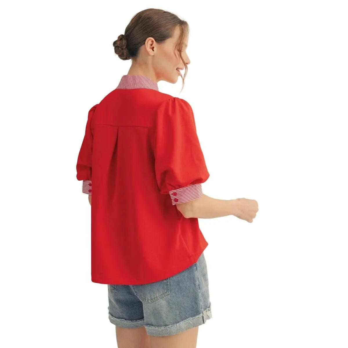 Women's Red Stripe Contrast Accent Solid Top B13435-RED