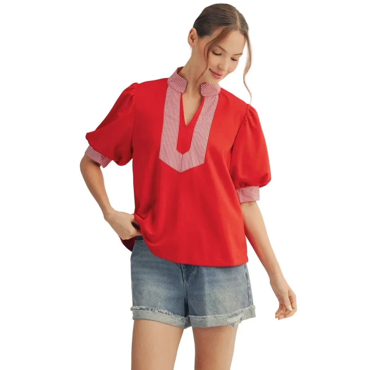 Women's Red Stripe Contrast Accent Solid Top B13435-RED