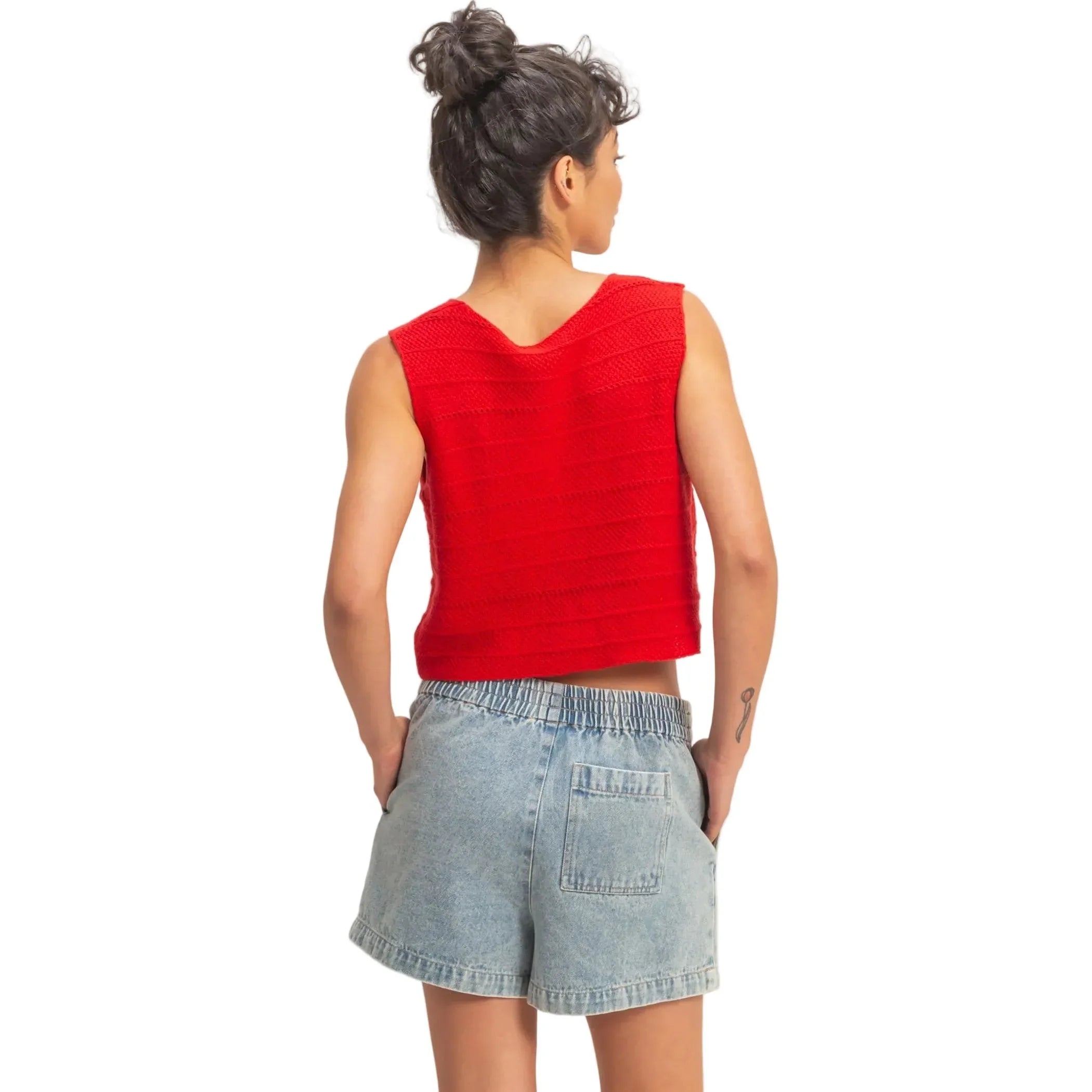 Women's Red V-neck Textured Sleeveless Knit Vest DZ26A285