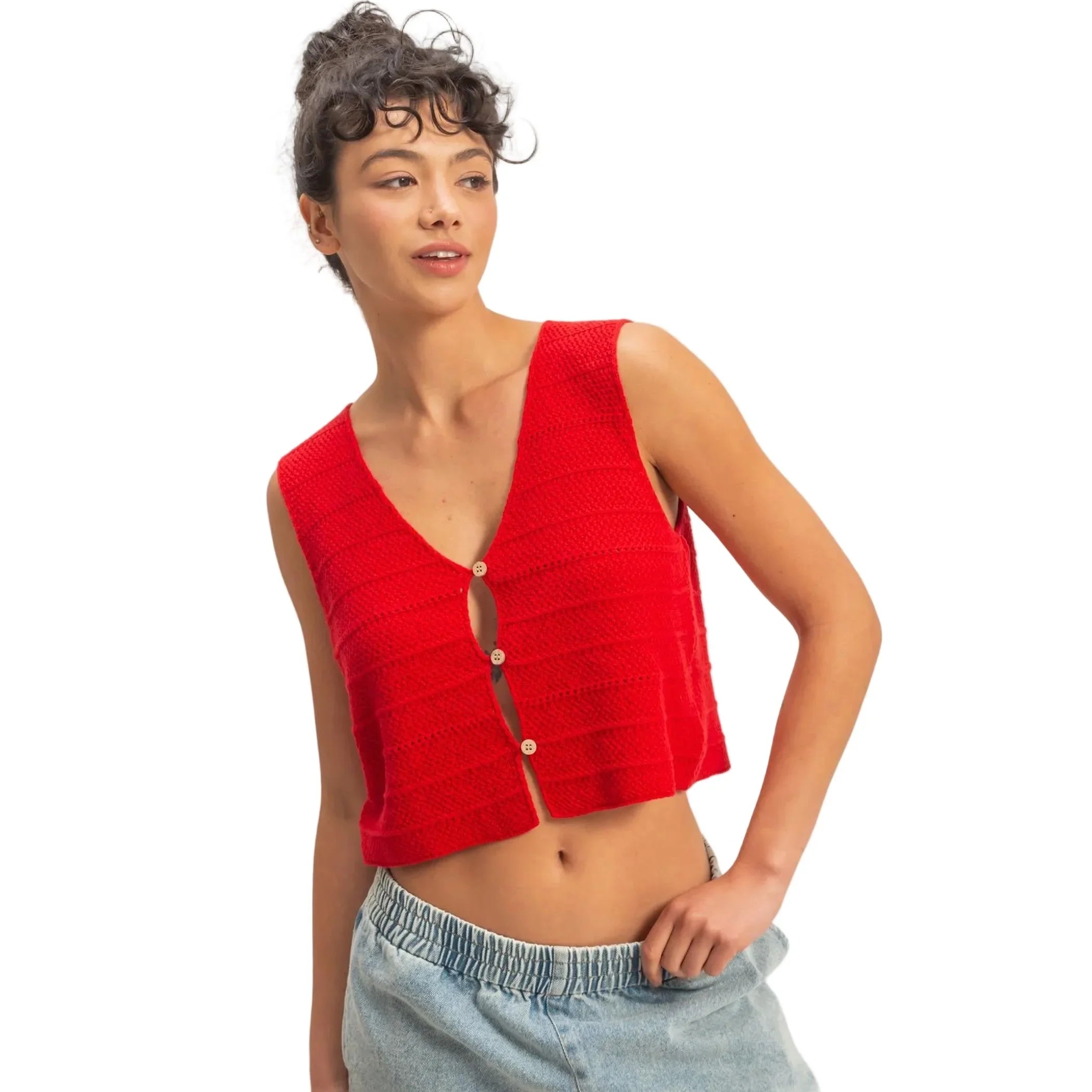 Women's Red V-neck Textured Sleeveless Knit Vest DZ26A285