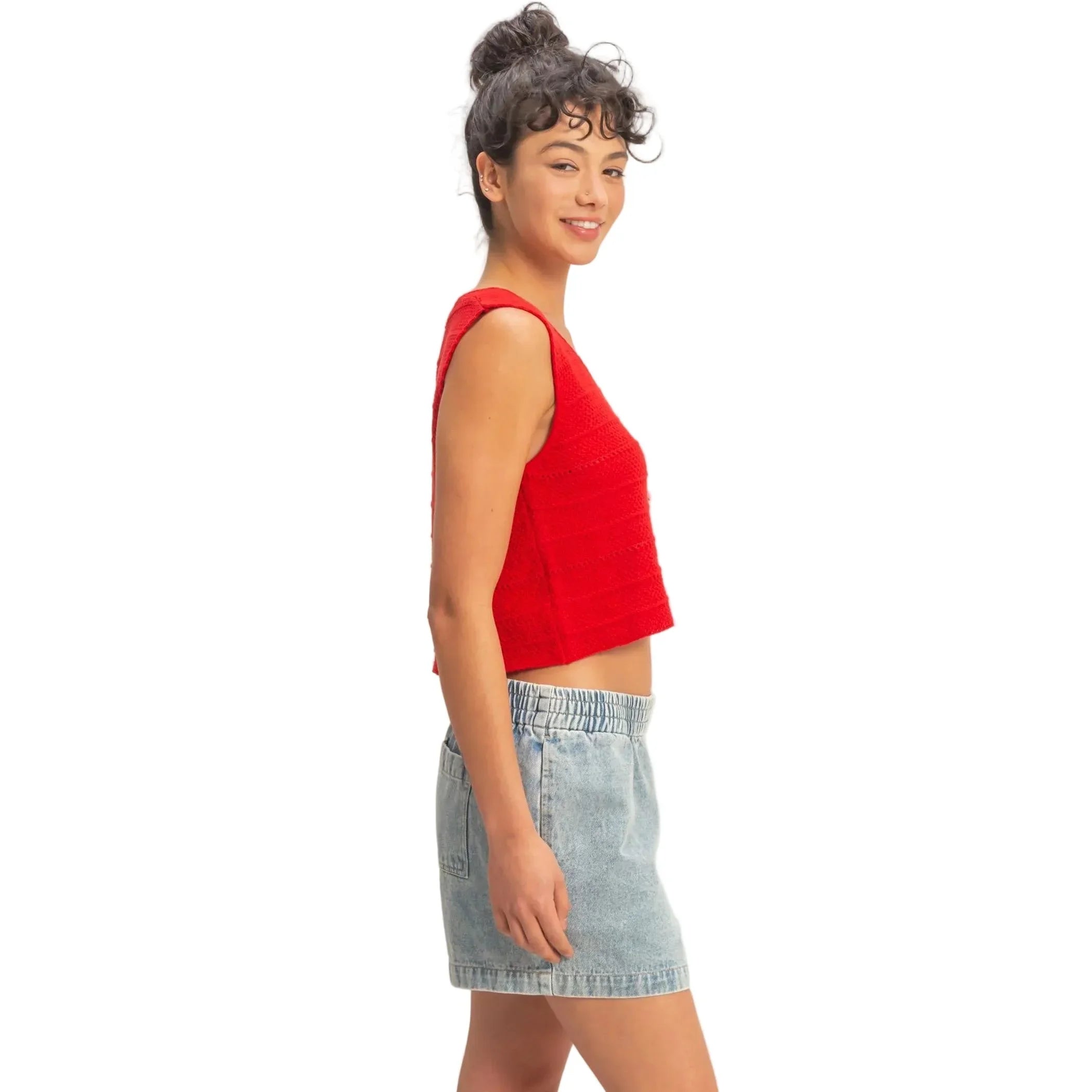 Women's Red V-neck Textured Sleeveless Knit Vest DZ26A285