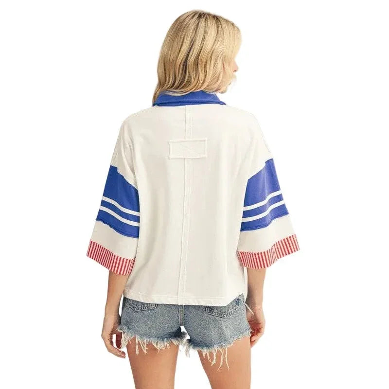 Women's Red White and Blue Raw Cut Edge Detail Color Blocked Polo Shirt R7206