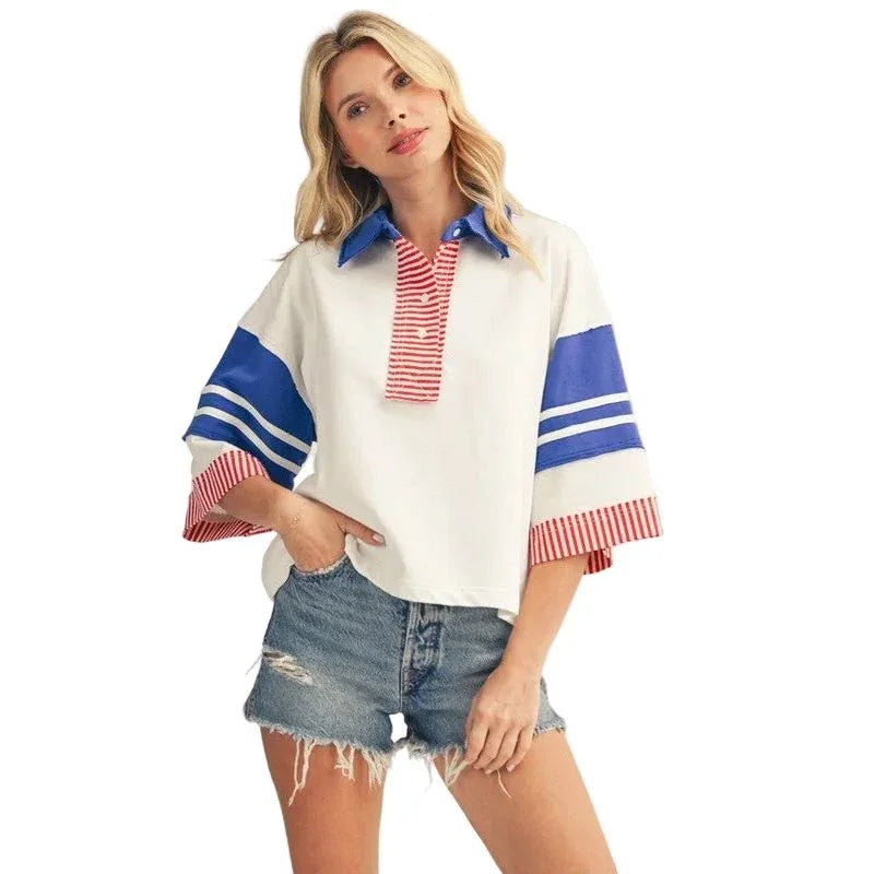 Women's Red White and Blue Raw Cut Edge Detail Color Blocked Polo Shirt R7206