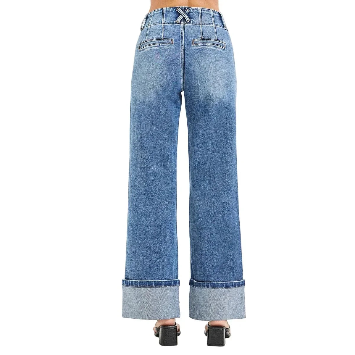 Women's Risen High Rise Wide Leg Jeans with Cuffed Hem PW21782