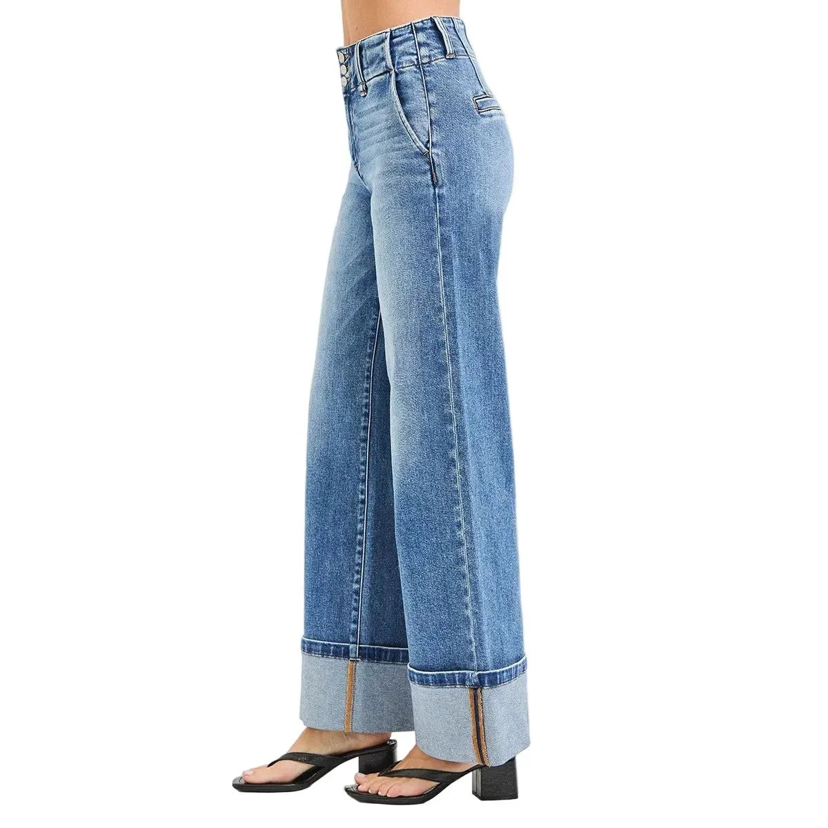 Women's Risen High Rise Wide Leg Jeans with Cuffed Hem PW21782