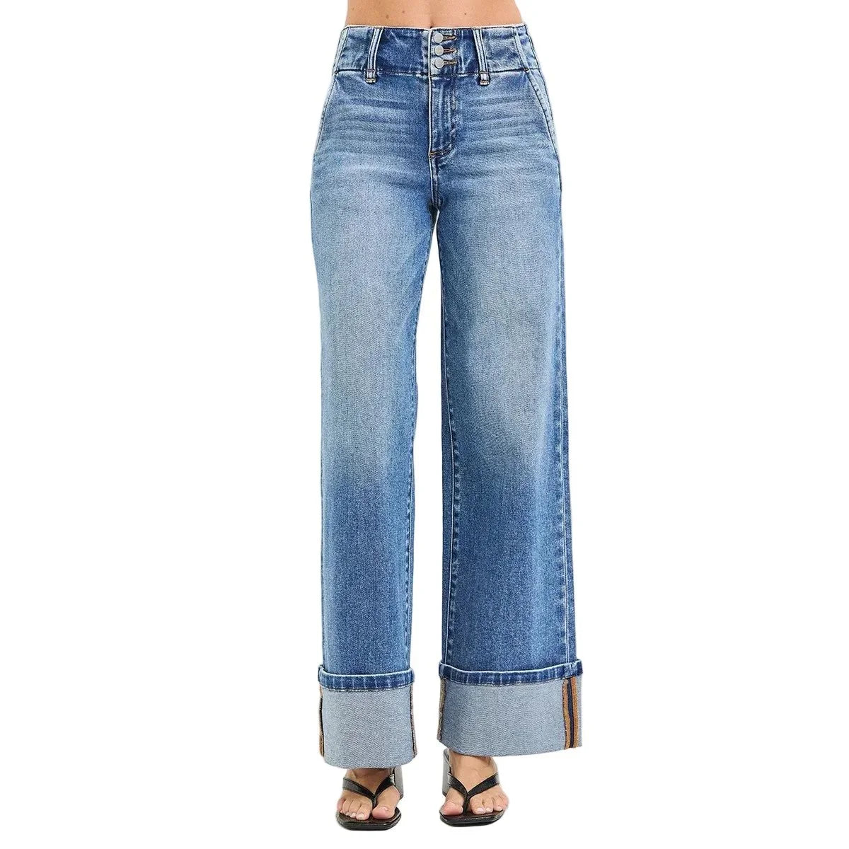 Women's Risen High Rise Wide Leg Jeans with Cuffed Hem PW21782
