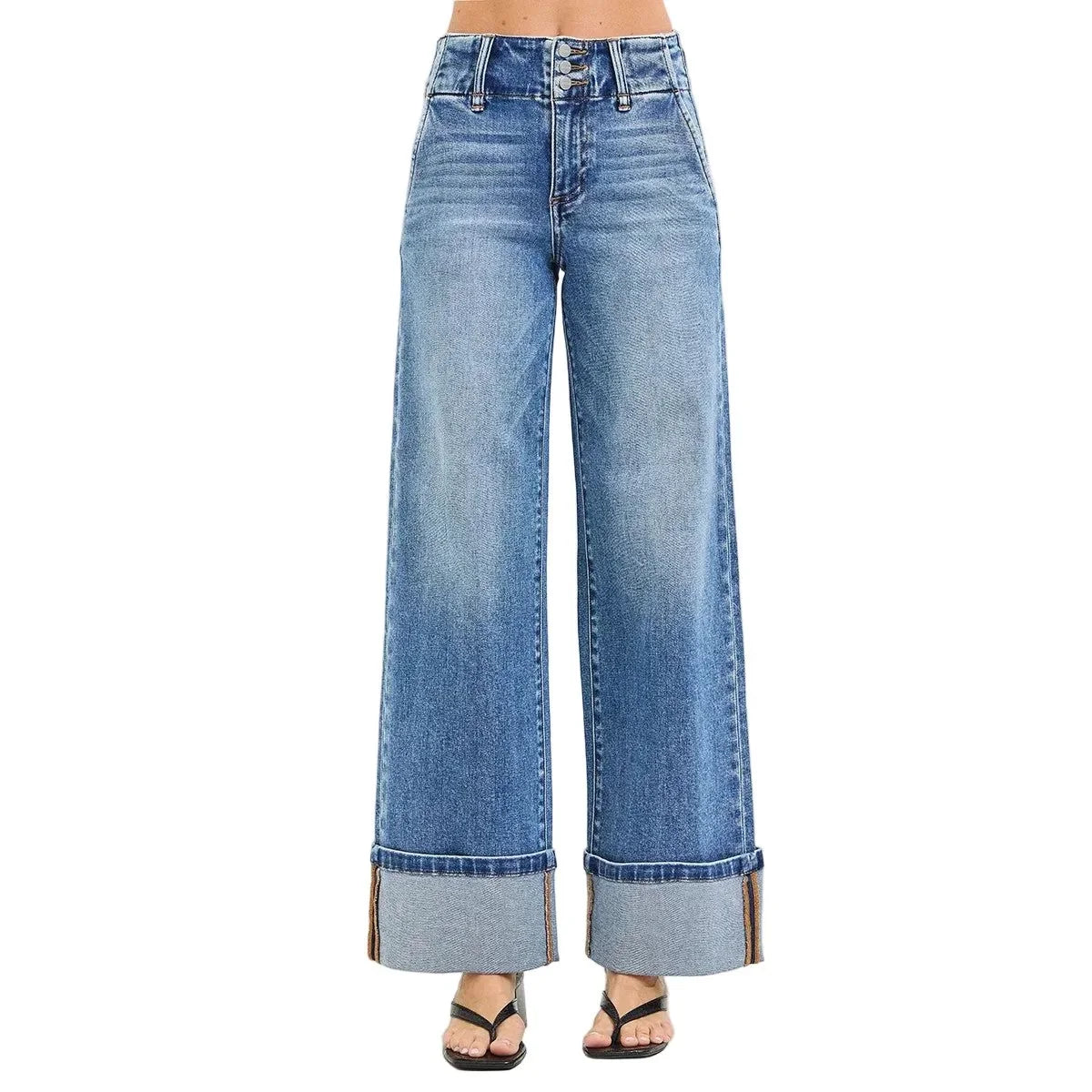 Women's Risen High Rise Wide Leg Jeans with Cuffed Hem PW21782
