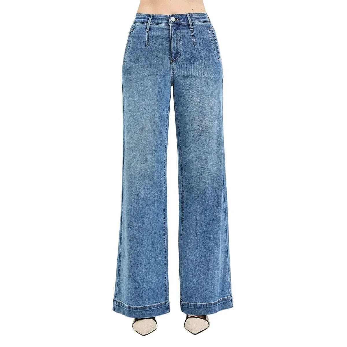 Women's Risen Tummy Control Elastic Band High Rise Wide Jeans PW21734