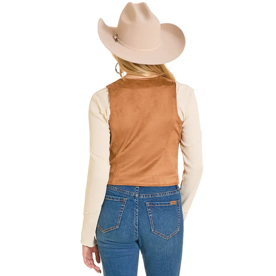 Women's Rock and Roll Denim Camel Boot Stitch Microsuede Vest BW98C07762