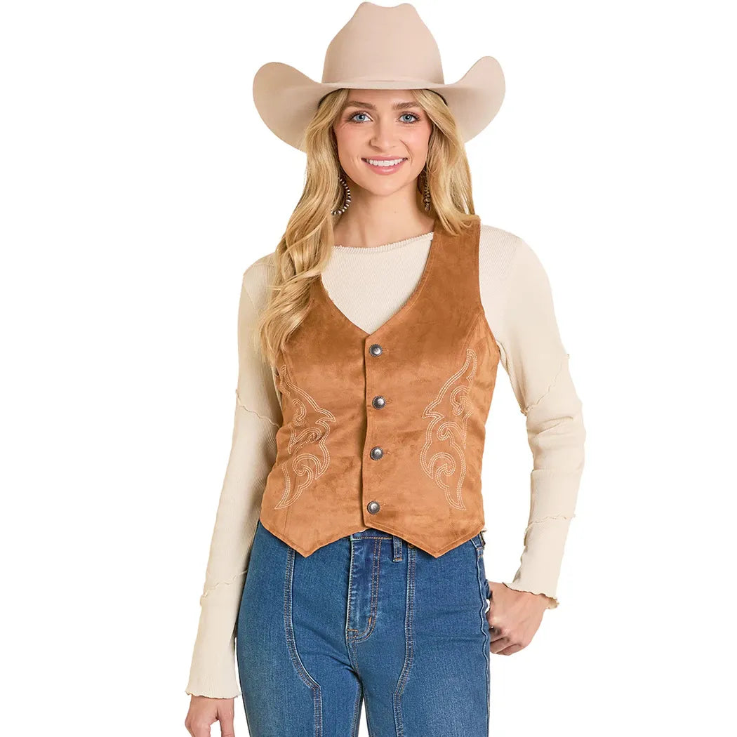 Women's Rock and Roll Denim Camel Boot Stitch Microsuede Vest BW98C07762