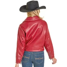 Women's Rock and Roll Denim Red Pleather Studded Jacket BW92C07795