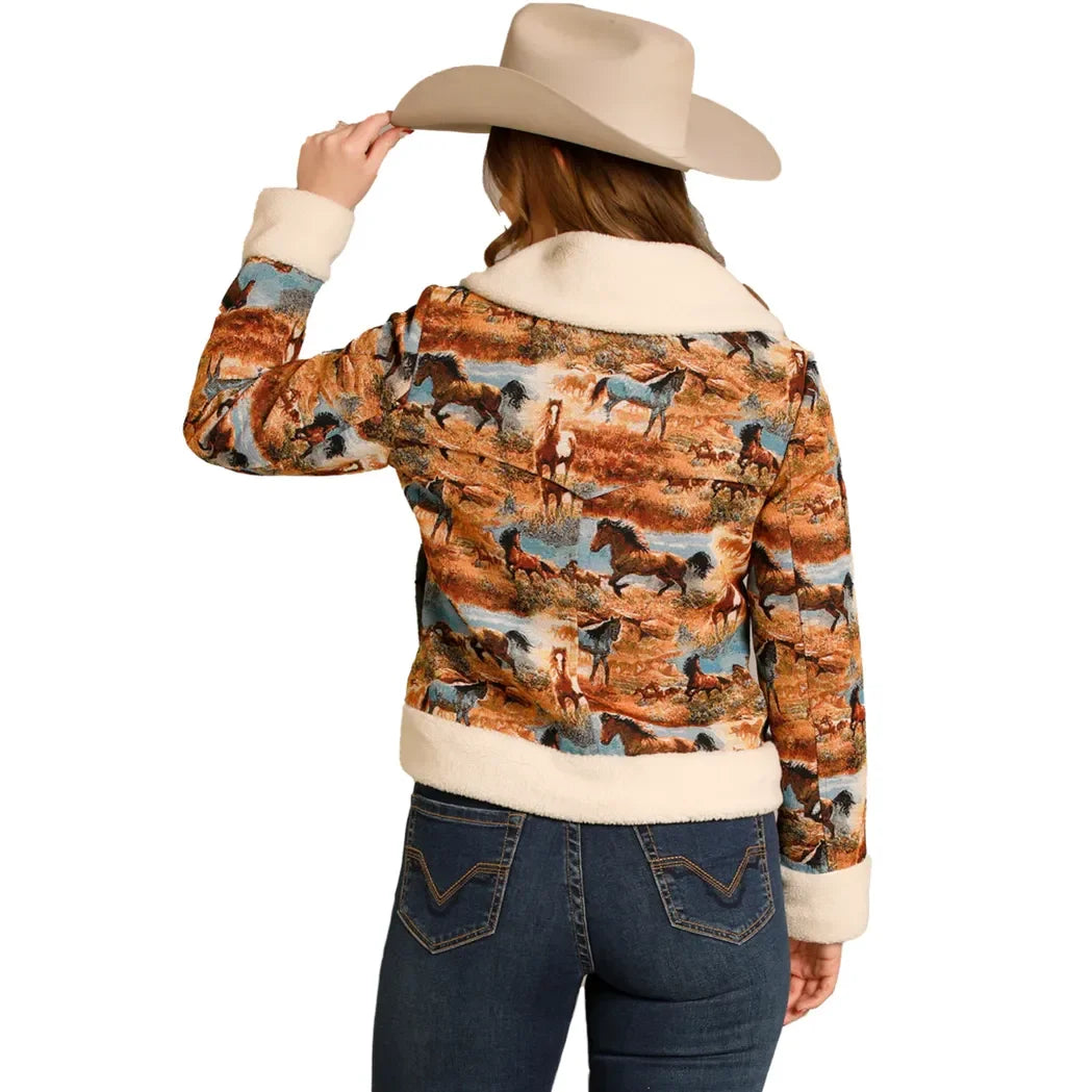 Women's Rock and Roll Denim Tapestry Sherpa Jacket BW92C07736