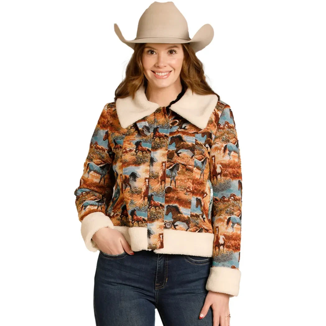 Women's Rock and Roll Denim Tapestry Sherpa Jacket BW92C07736