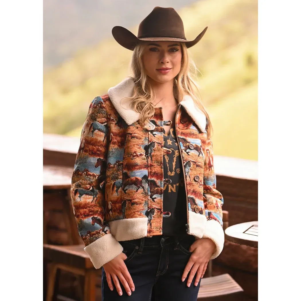 Women's Rock and Roll Denim Tapestry Sherpa Jacket BW92C07736