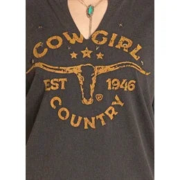 Women's Rock and Roll Denim V-neck Graphic Tee with Studs BW21T07959