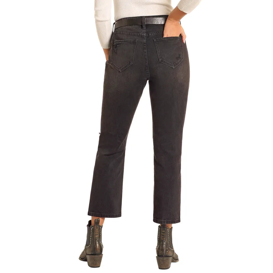 Women's Rock and Roll High Rise Black Distressed Cropped Jeans BW9HD04795 - Crazy House Western Wear