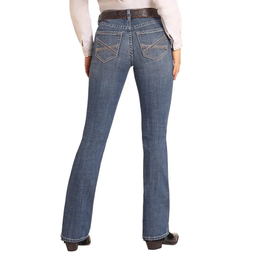 Women's Rock and Roll Mid Rise Curved Stitch Riding Jeans BW4RD05327 - Crazy House Western Wear