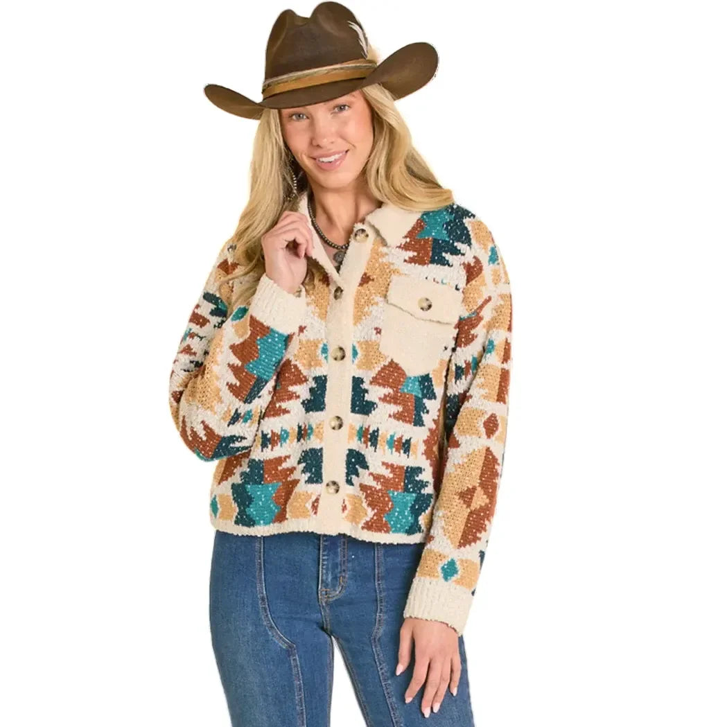 Women's Rock and Roll Sweater Cardigan with Sherpa BW95T07765