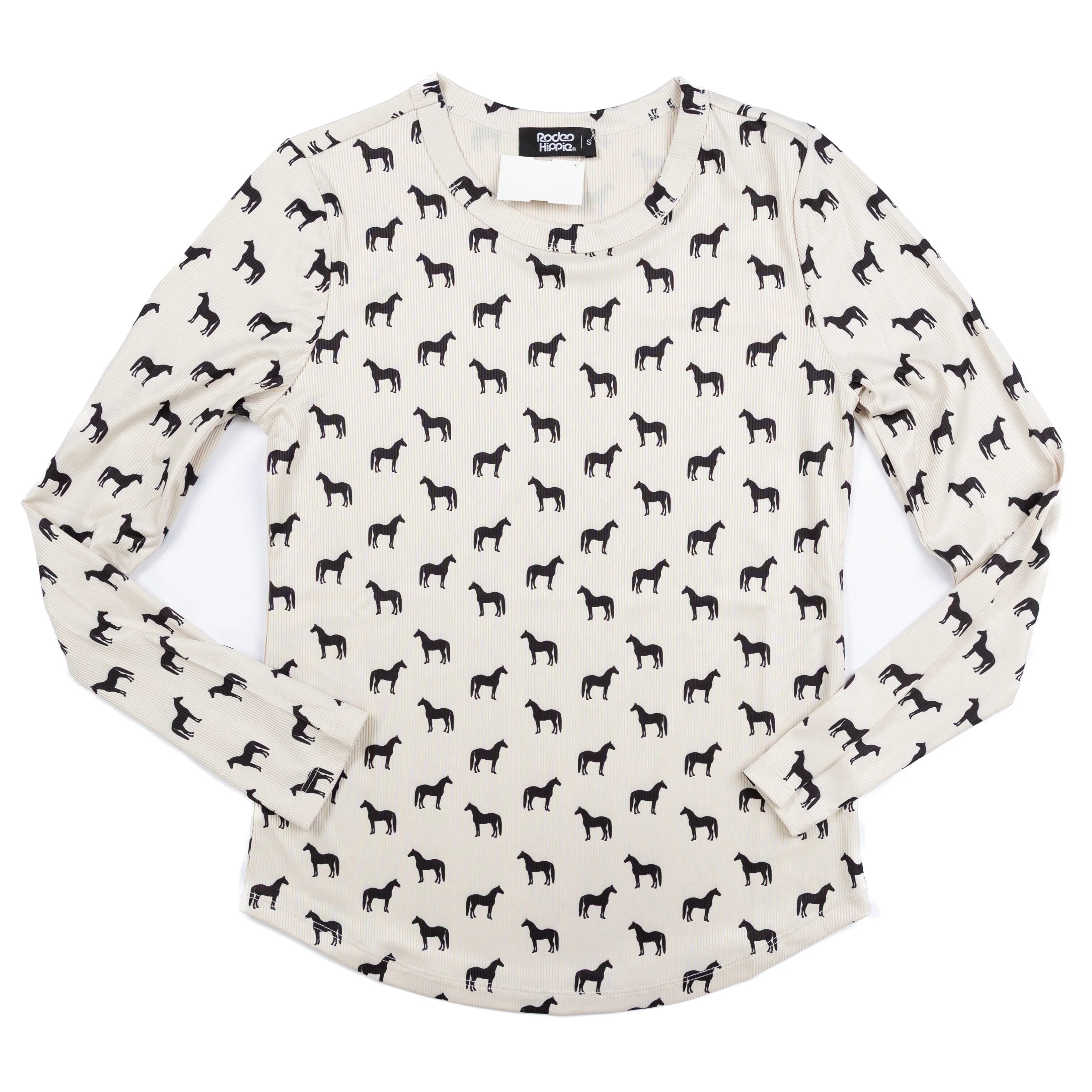 Women's Rodeo Hippie Long Sleeve Beige Shirt with Horses Printed