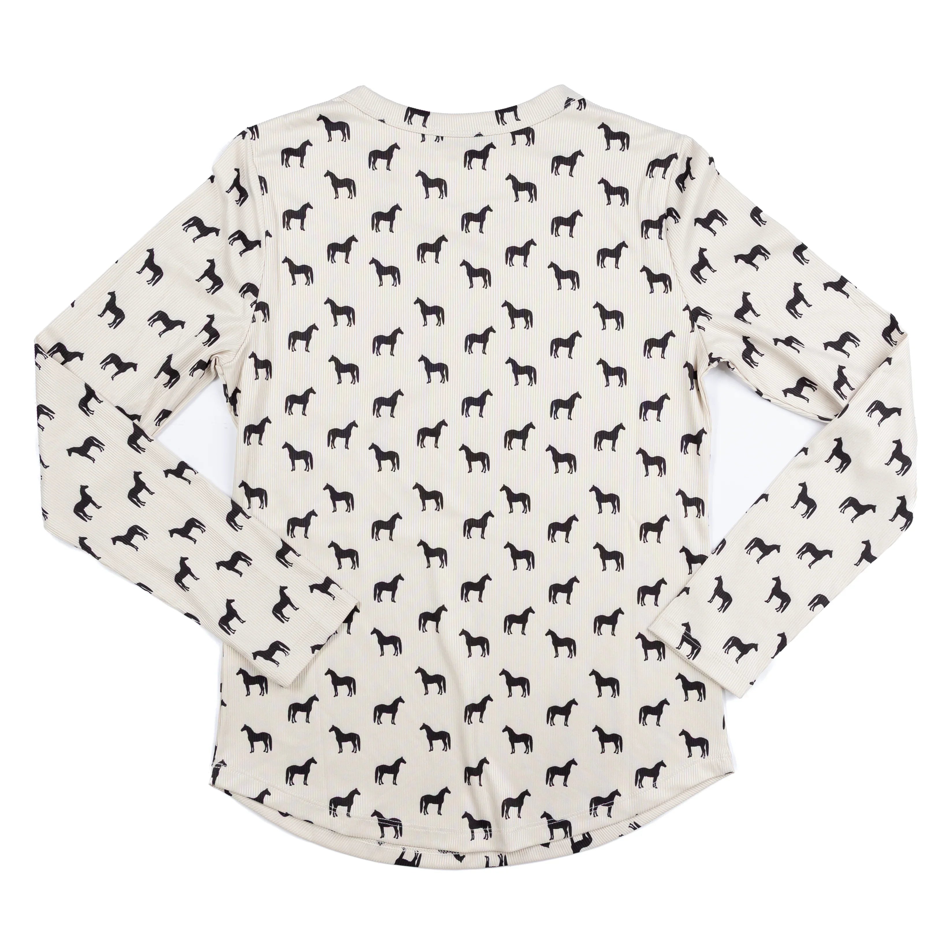 Women's Rodeo Hippie Long Sleeve Beige Shirt with Horses Printed