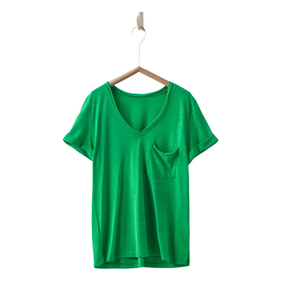 Women's Rolled Sleeve V-neck Pocket T-shirt UDTH5534T - Crazy House Western Wear