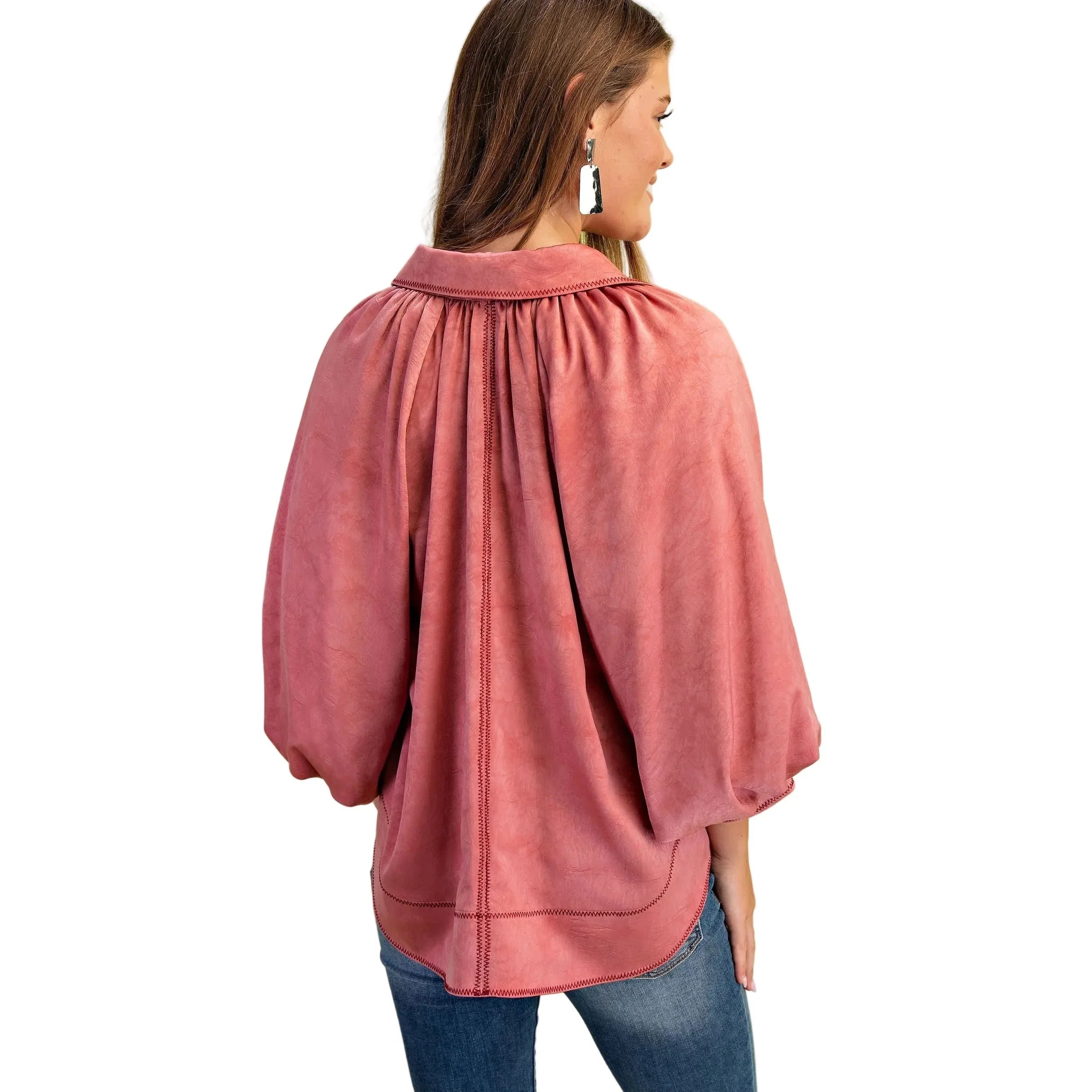 Women's Rose Satin Balloon Sleeve Button Down Blouse TG1953