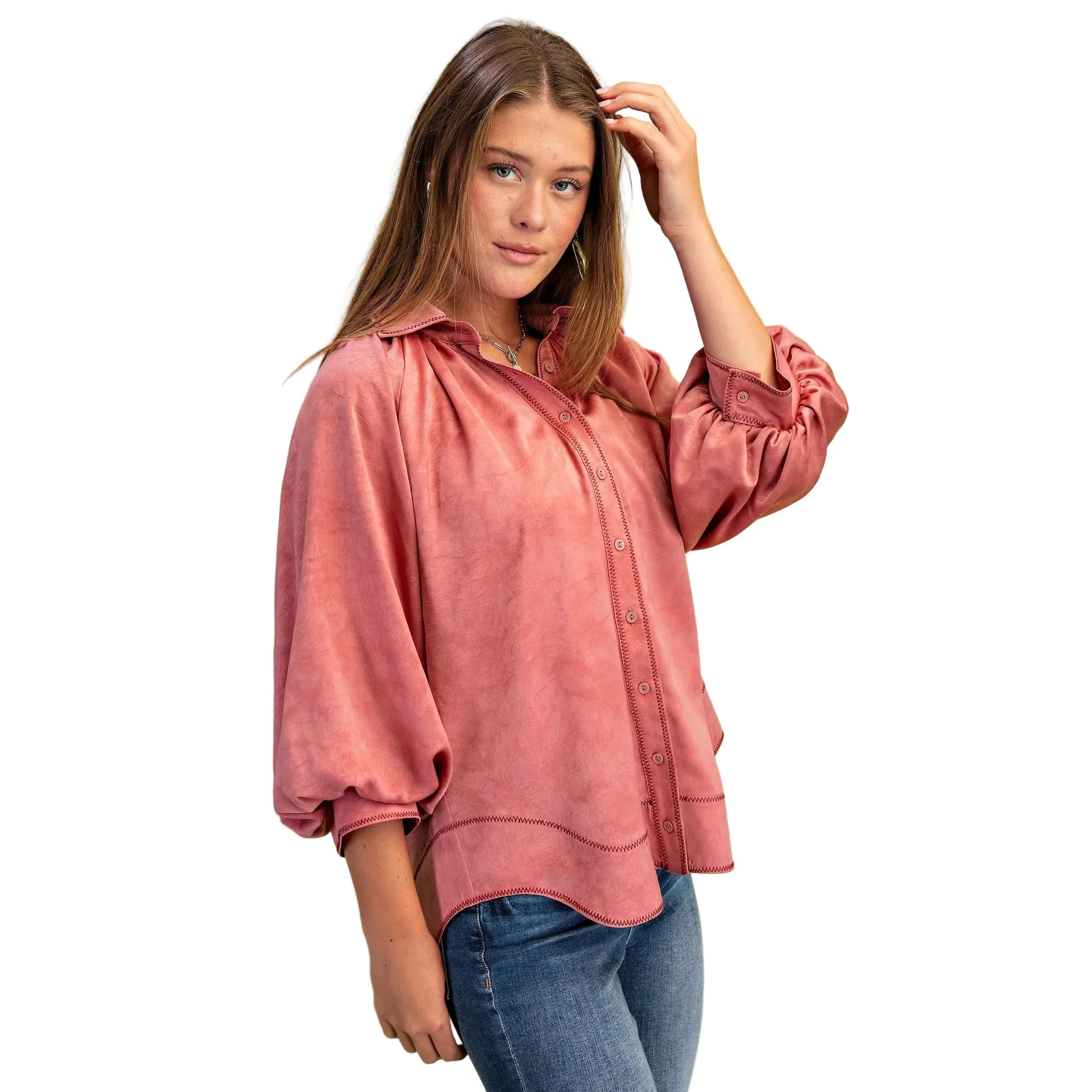 Women's Rose Satin Balloon Sleeve Button Down Blouse TG1953