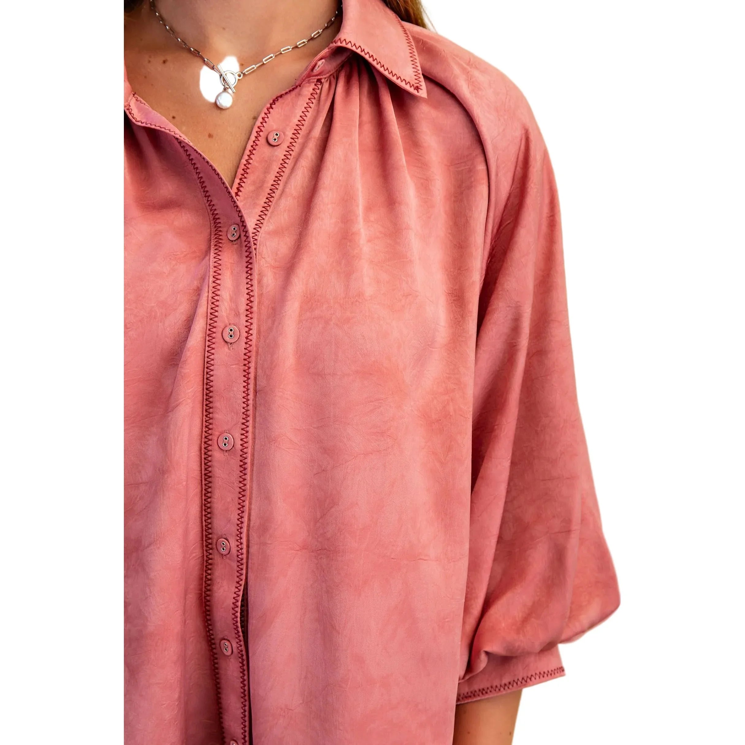 Women's Rose Satin Balloon Sleeve Button Down Blouse TG1953