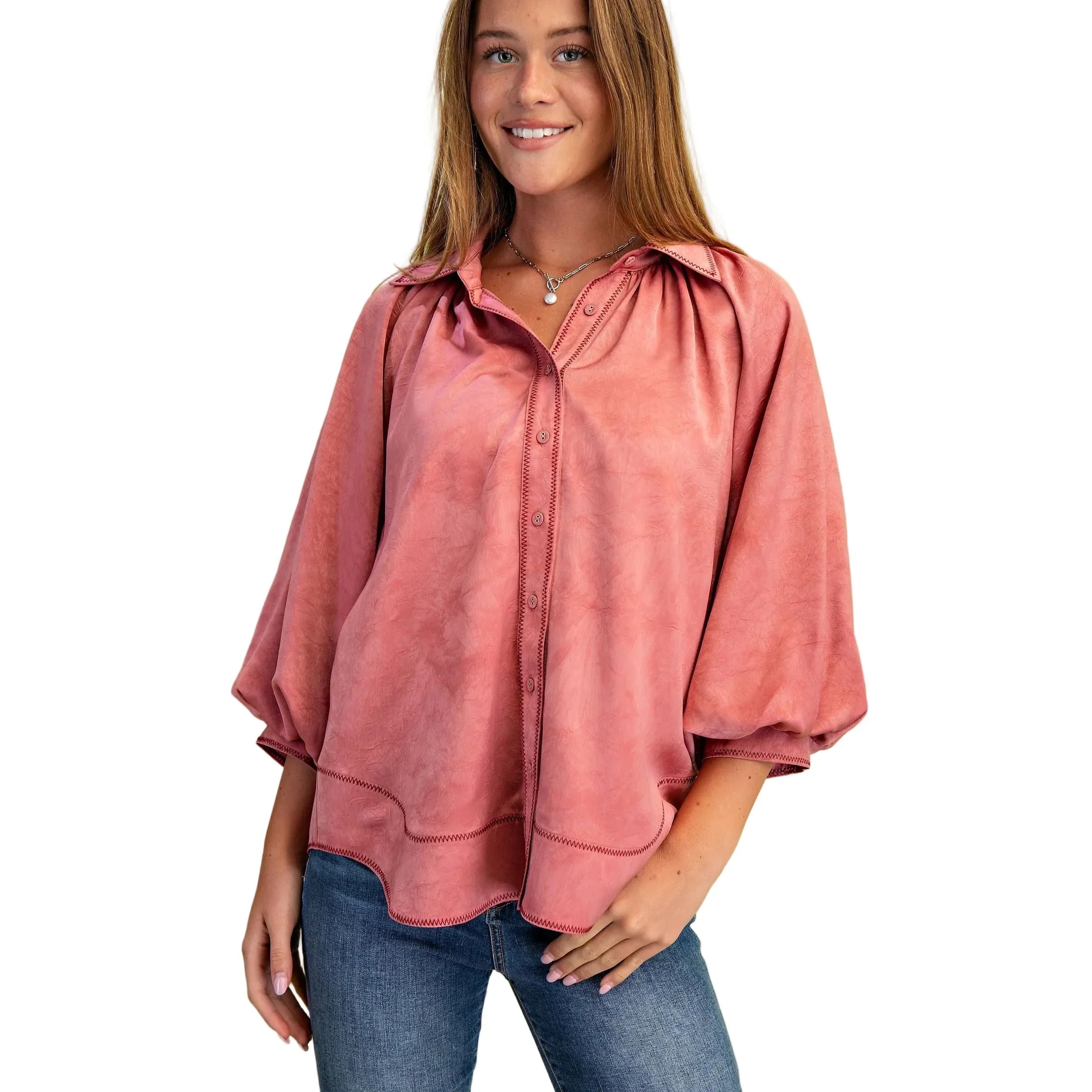 Women's Rose Satin Balloon Sleeve Button Down Blouse TG1953