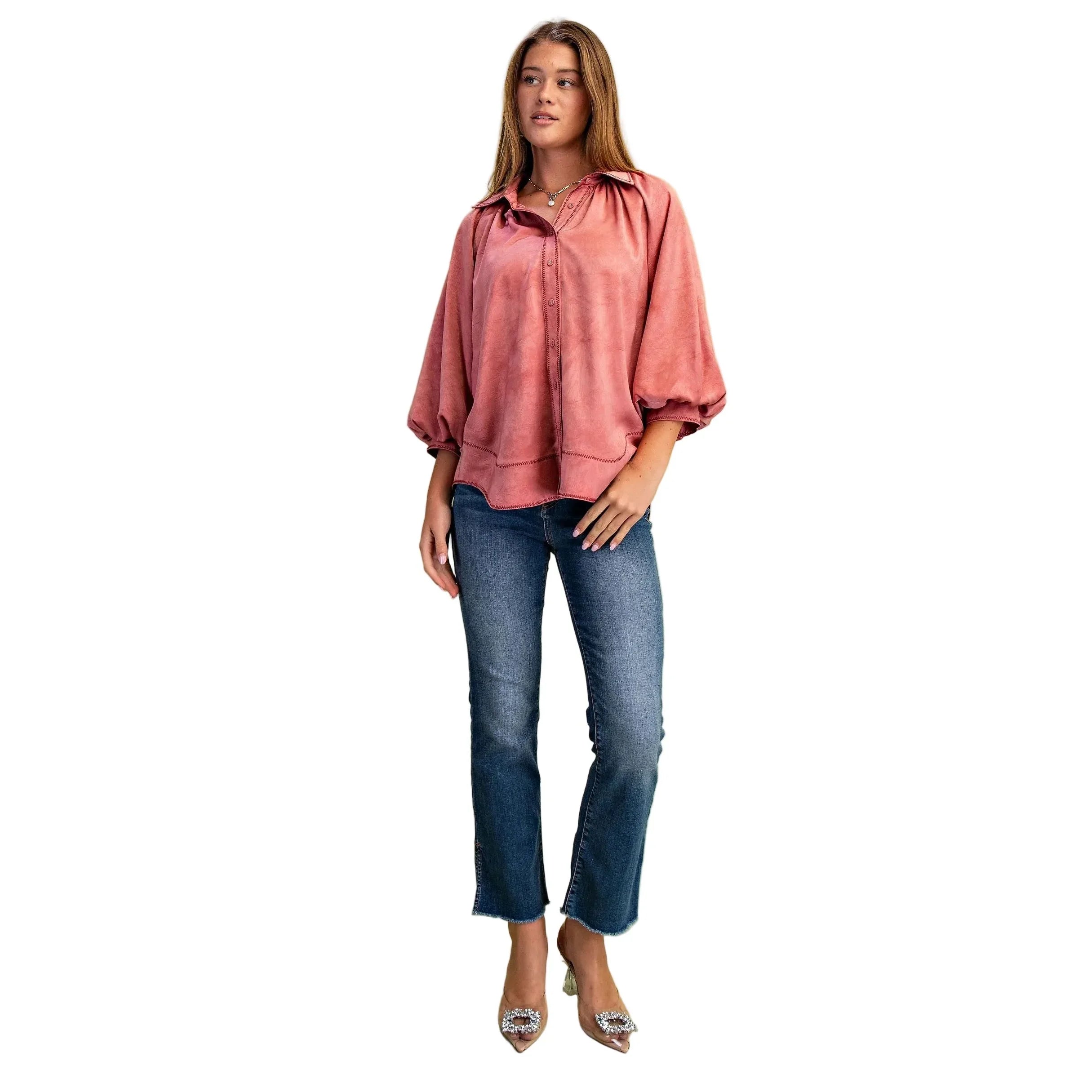 Women's Rose Satin Balloon Sleeve Button Down Blouse TG1953