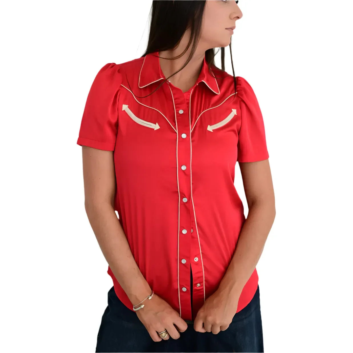 Women's Satin Pearl Snap Short Sleeve Shirt - Crazy House Western Wear