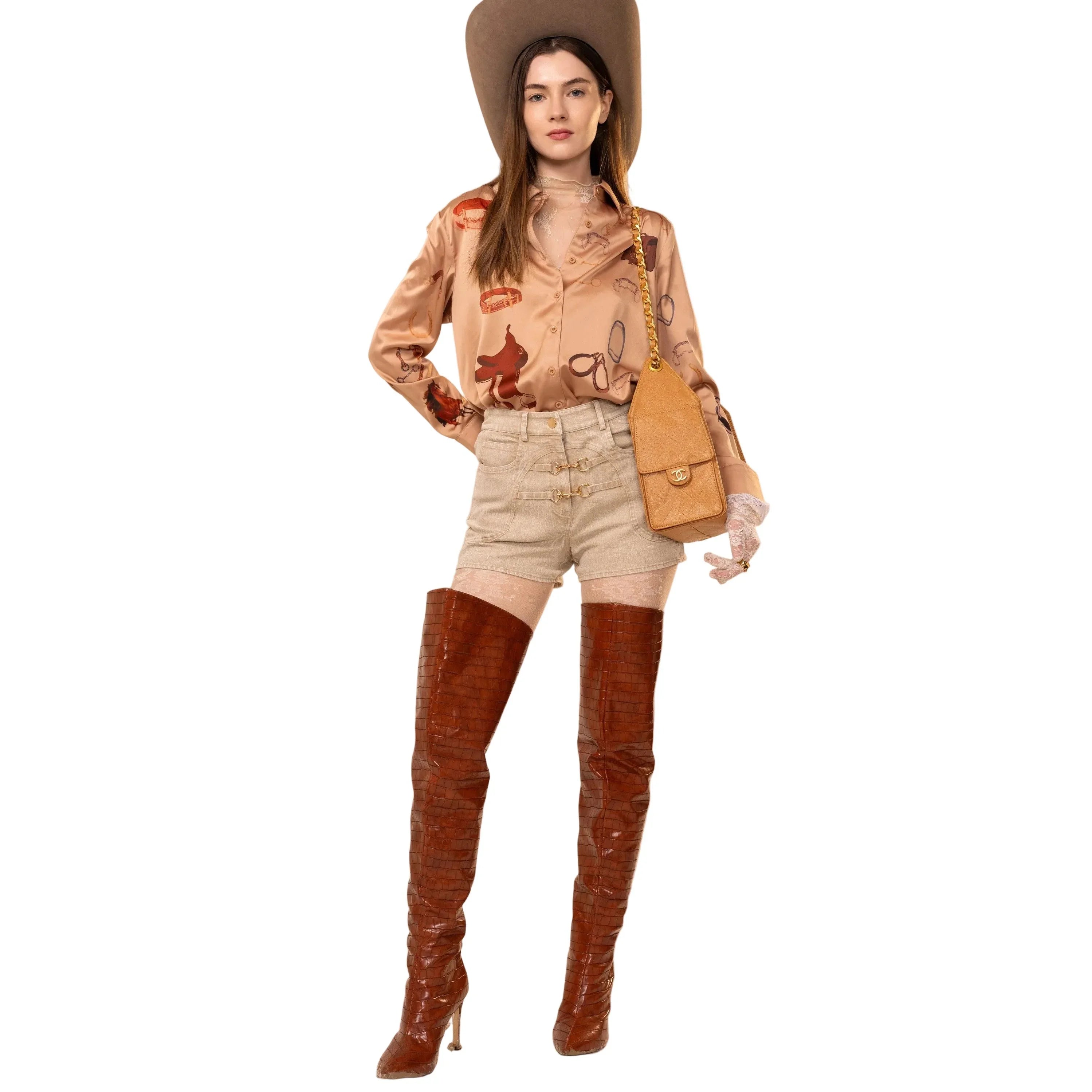 Women's Satin Western Print Stretch Button Up Shirt 47040T