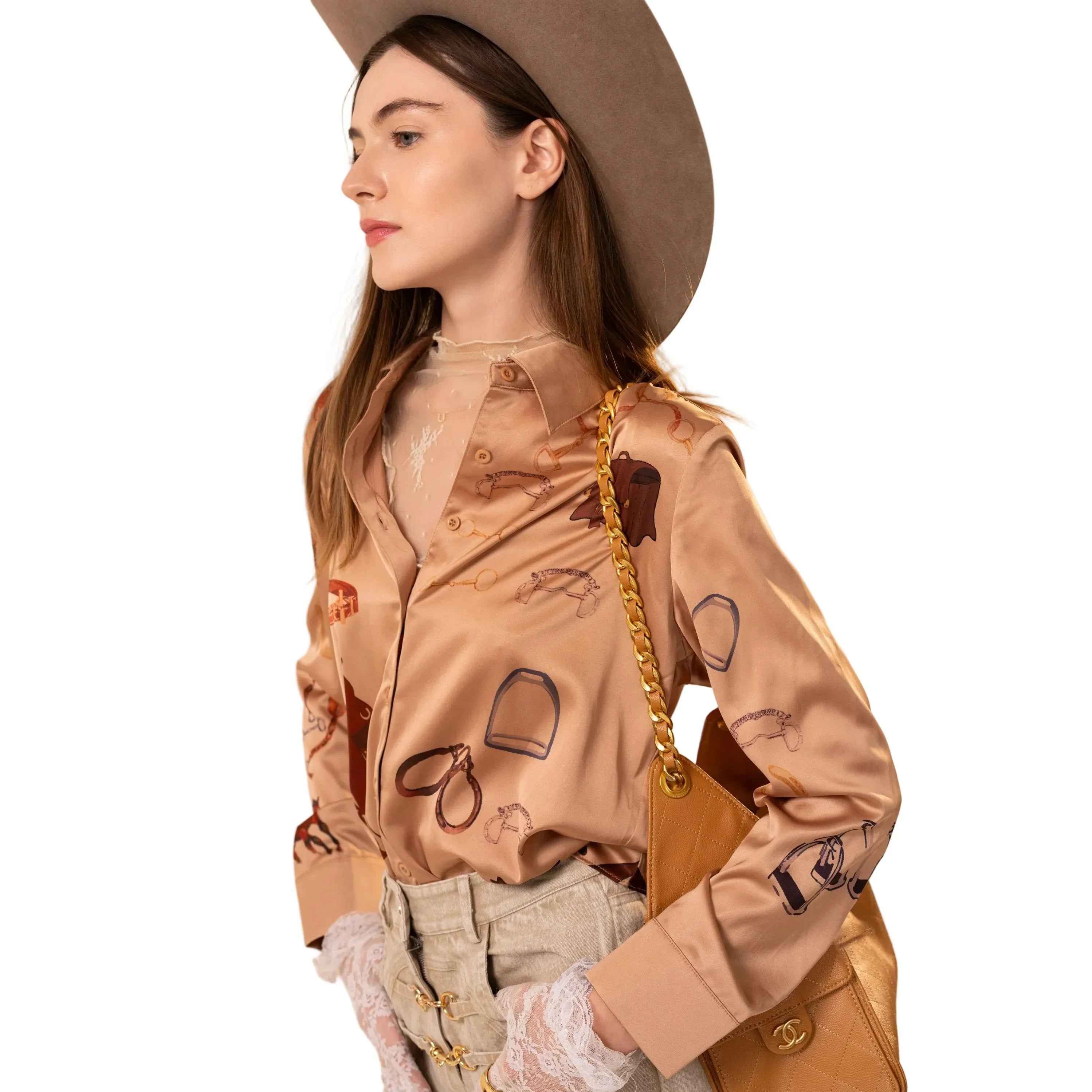 Women's Satin Western Print Stretch Button Up Shirt 47040T