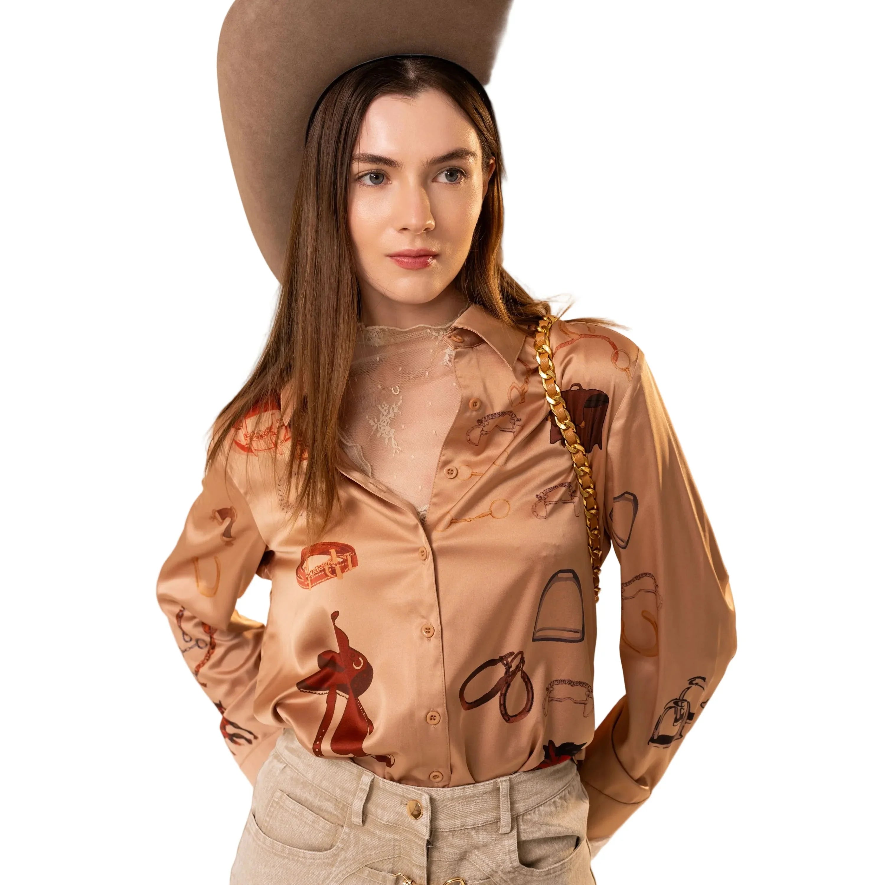 Women's Satin Western Print Stretch Button Up Shirt 47040T