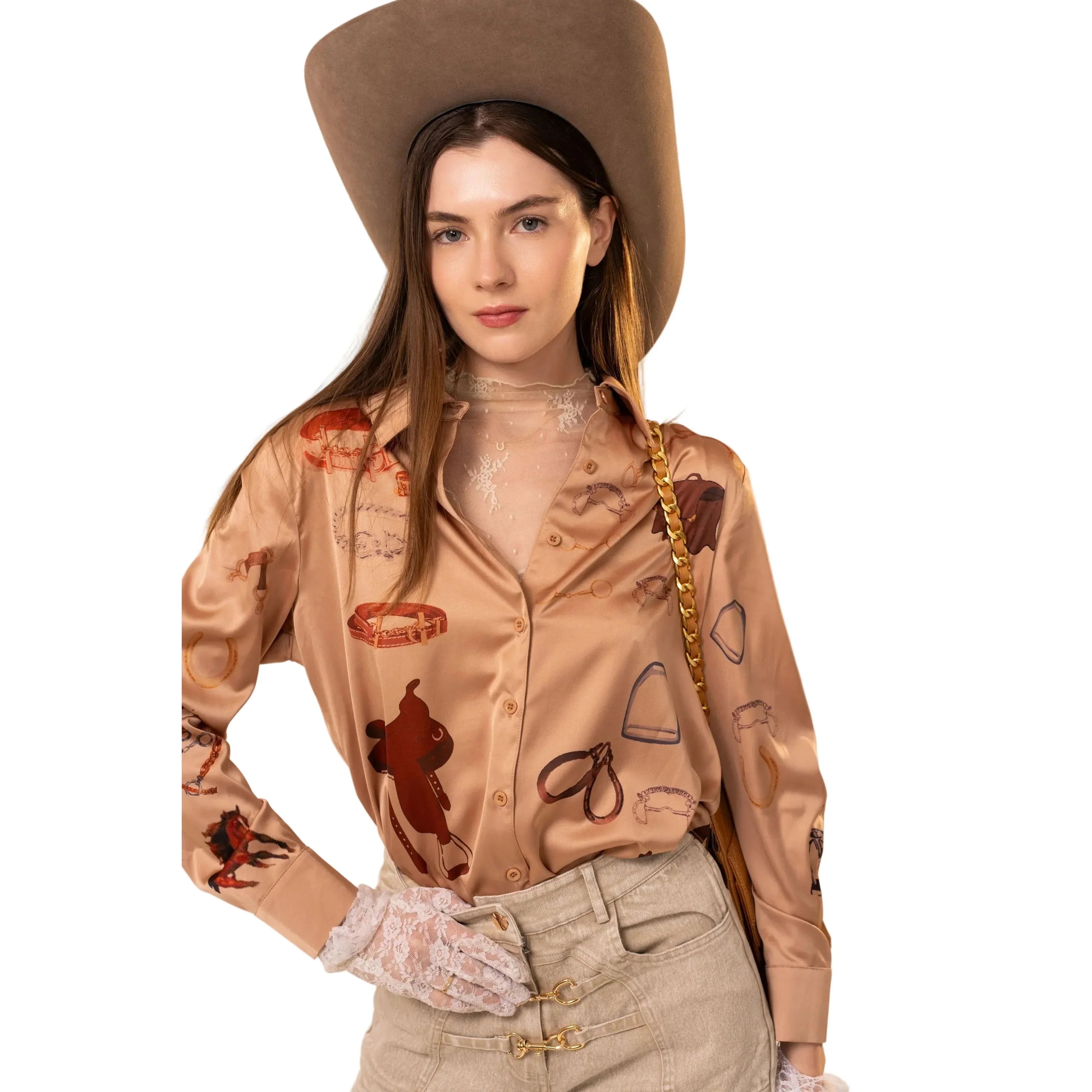 Women's Satin Western Print Stretch Button Up Shirt 47040T