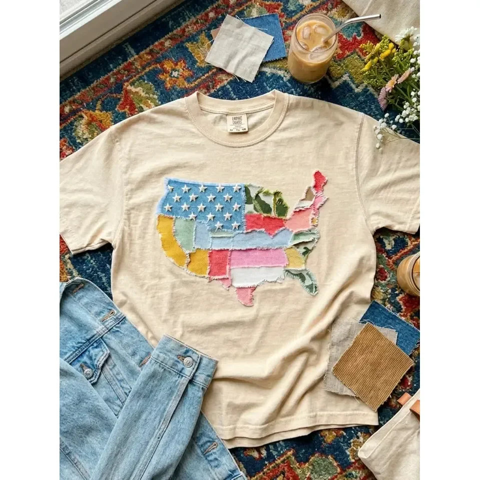 Women's Short Sleeve Faux Patchwork America Printed T-shirt