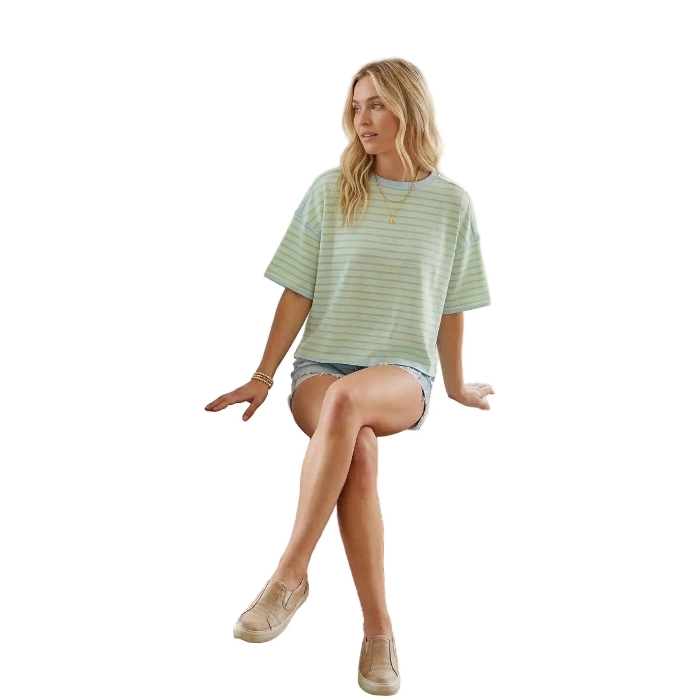 Women's Short Sleeve Striped Relaxed Fit Knit T-shirt SNS2294