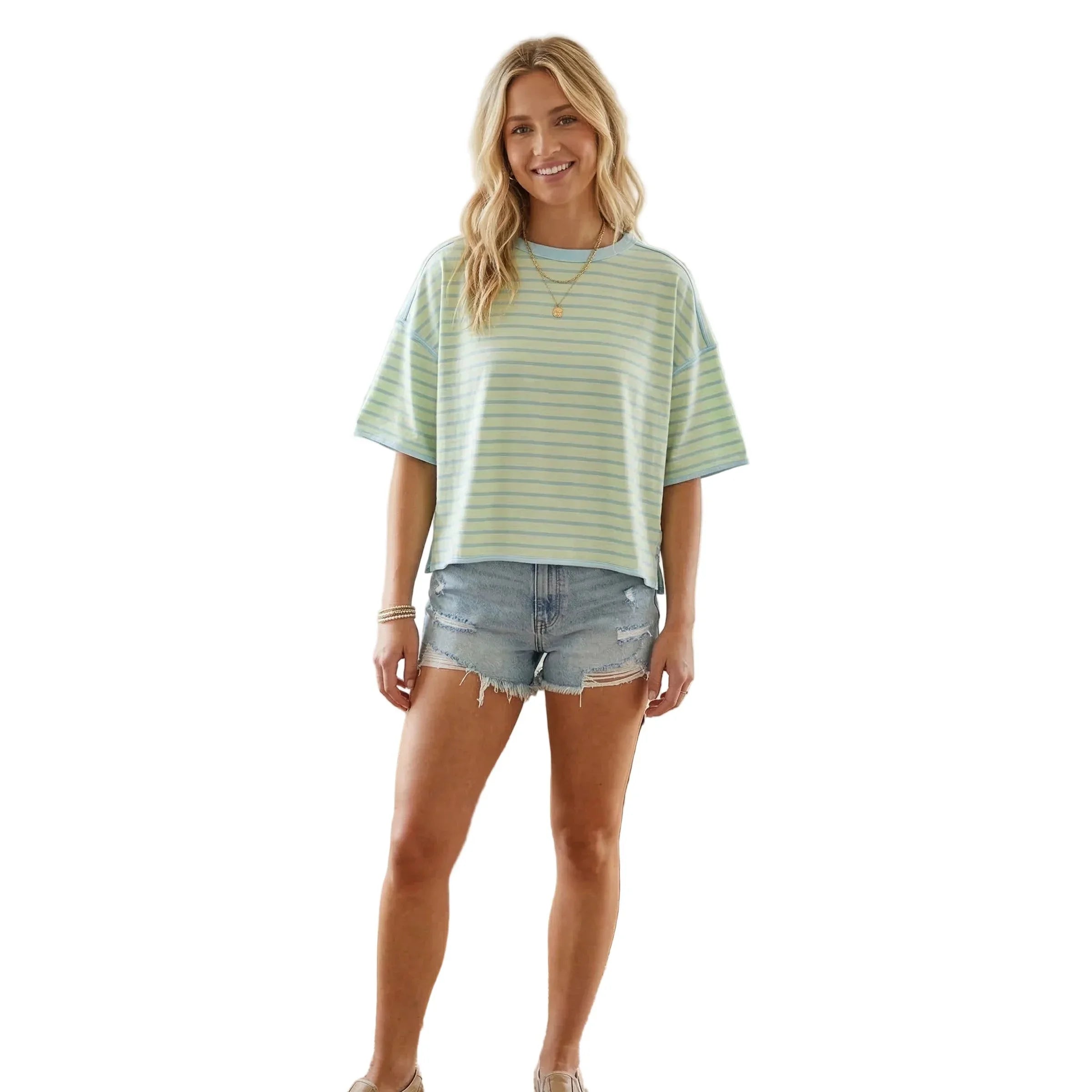 Women's Short Sleeve Striped Relaxed Fit Knit T-shirt SNS2294