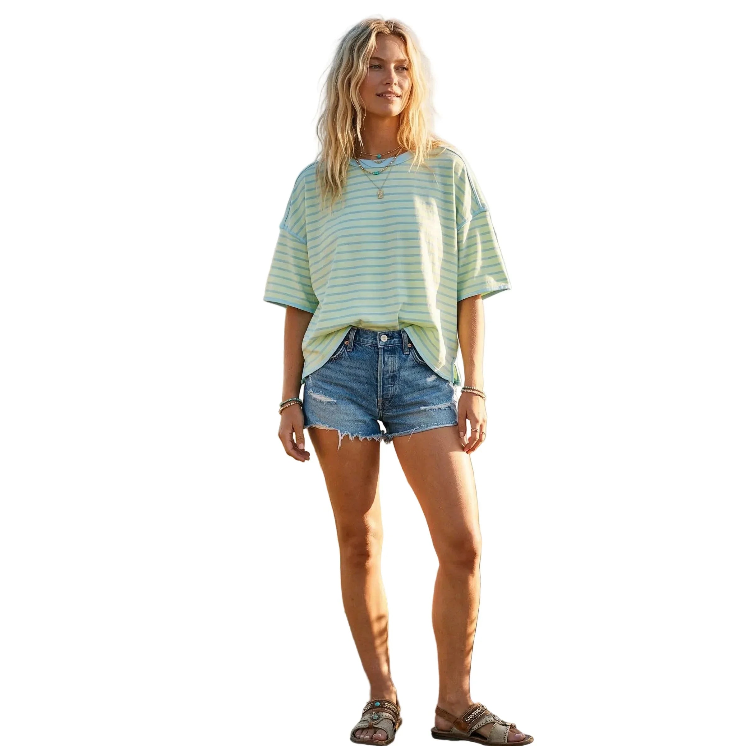 Women's Short Sleeve Striped Relaxed Fit Knit T-shirt SNS2294
