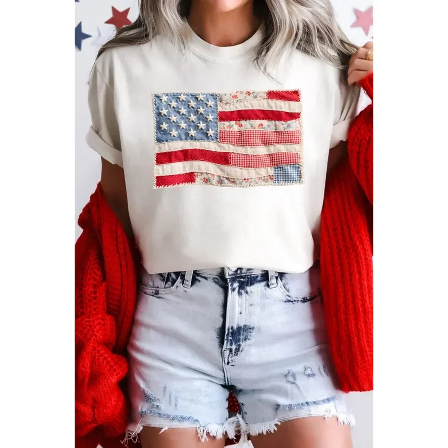 Women's Short Sleeve White T-shirt with Flag Patchwork Print