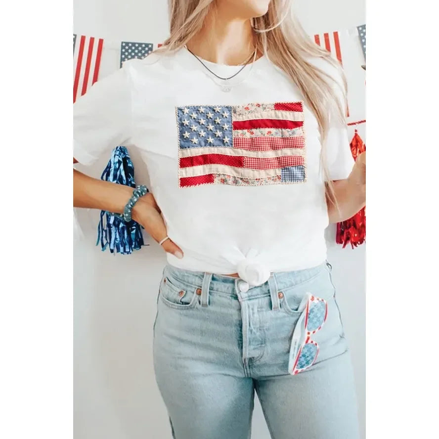 Women's Short Sleeve White T-shirt with Flag Patchwork Print