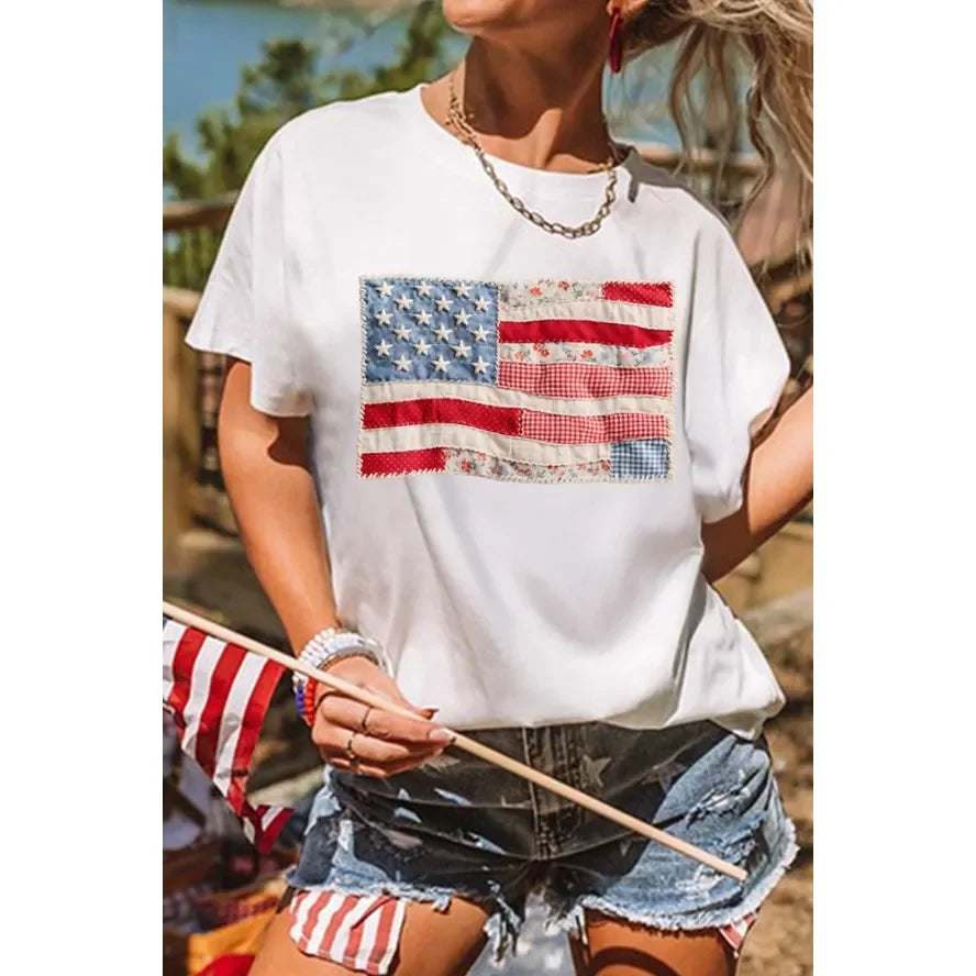 Women's Short Sleeve White T-shirt with Flag Patchwork Print