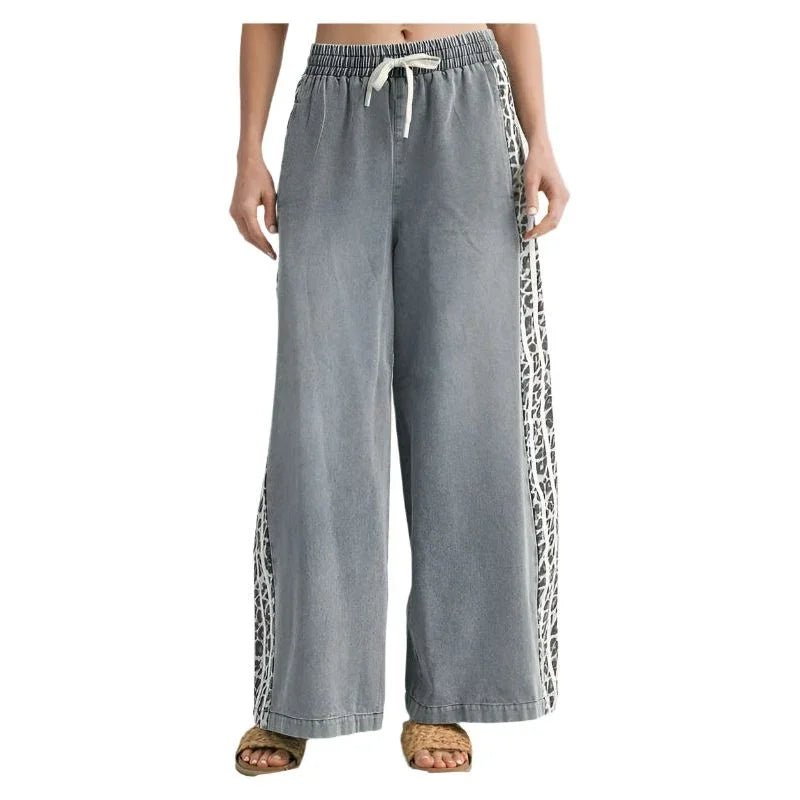 Women's Side Leopard Accent Wide Leg Pants B12506 - Crazy House Western Wear