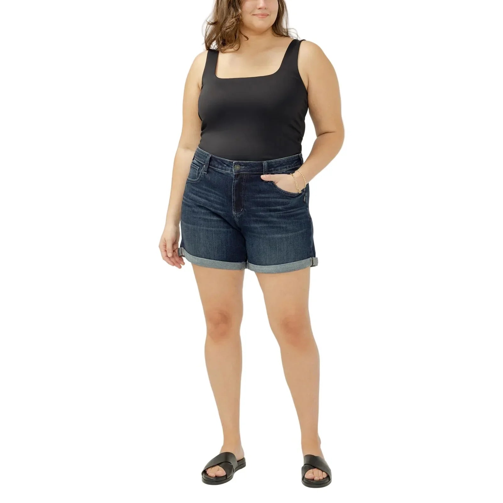 Women's Silver Bonita Boyfriend Mid Rise Luxe Stretch Shorts Plus Size W53216CVS495
