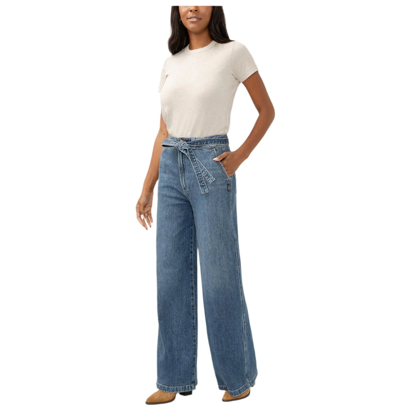 Women's Silver Highly Desirable High Rise Belted Ultra Wide Leg Jeans L28970ADM314 - Crazy House Western Wear